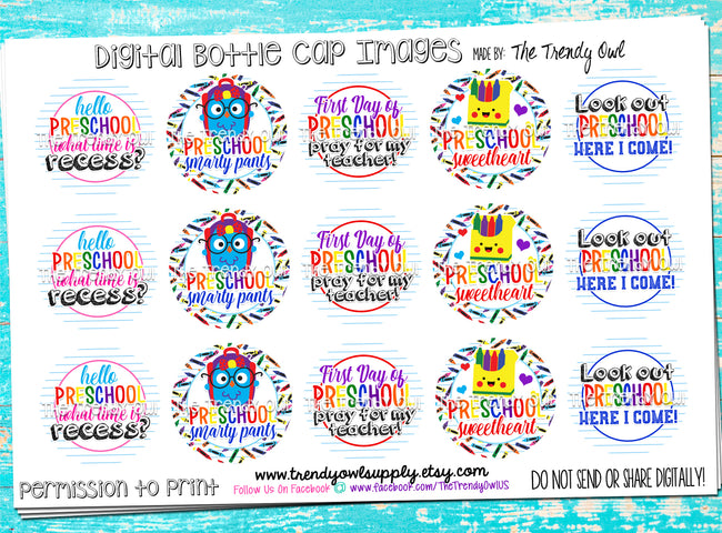 Preschool! - Back To School Themed - 1" Bottle Cap Images - INSTANT DOWNLOAD