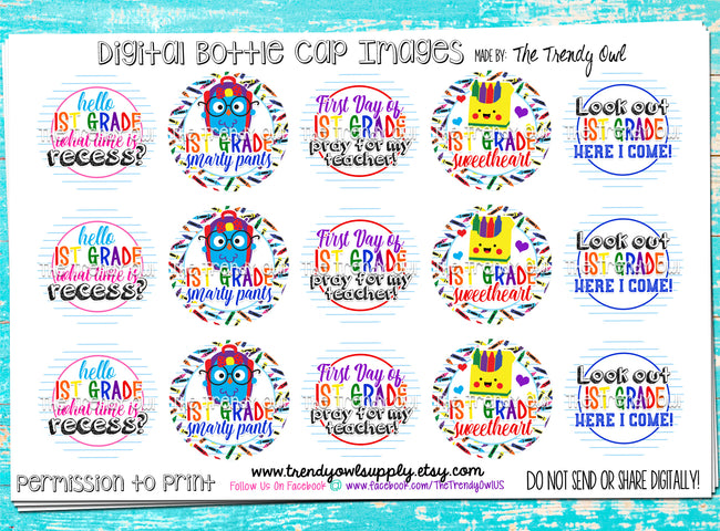 1st Grade! - Back To School Themed - 1" Bottle Cap Images - INSTANT DOWNLOAD