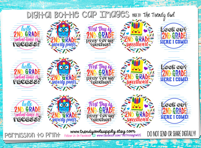 2nd Grade! - Back To School Themed - 1" Bottle Cap Images - INSTANT DOWNLOAD