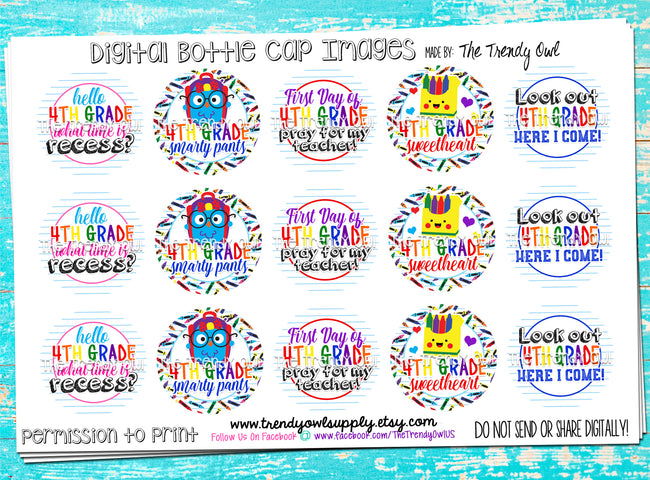 4th Grade! - Back To School Themed - 1" Bottle Cap Images - INSTANT DOWNLOAD