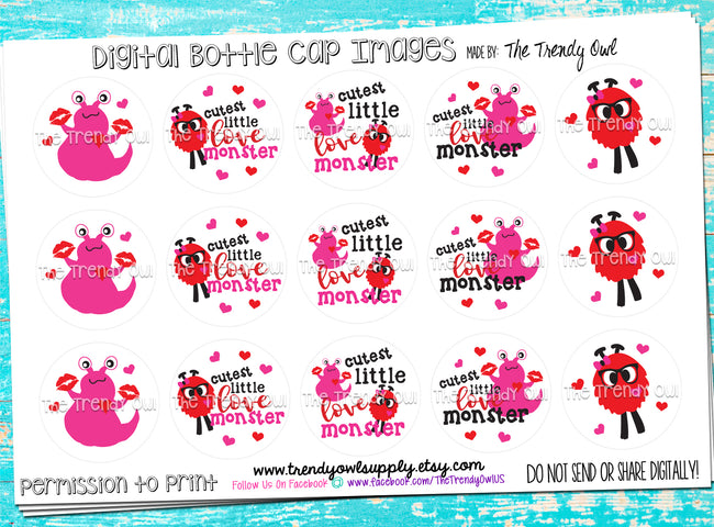 "Little Love Monster"  - 1" Bottle Cap Images - INSTANT DOWNLOAD