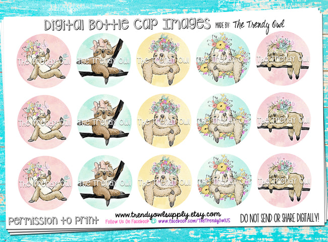 "Spring Sloths"  - 1" Bottle Cap Images - INSTANT DOWNLOAD