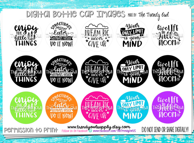 "Motivational Quotes"  - 1" Bottle Cap Images - INSTANT DOWNLOAD
