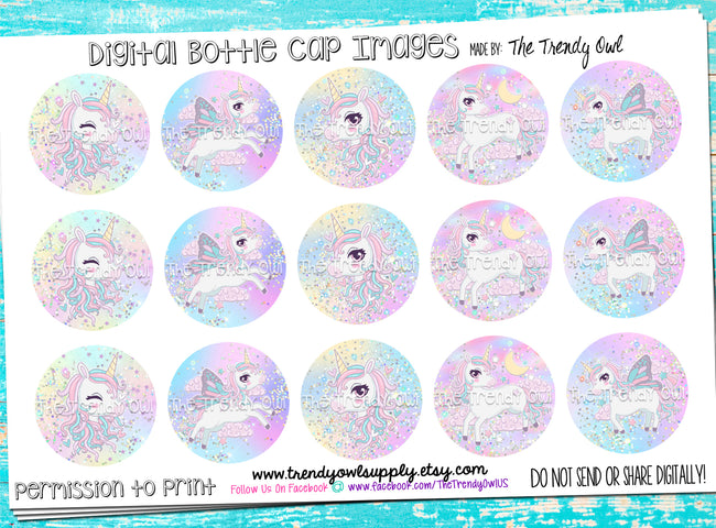 Pastel Glitter Unicorns - 1" Bottle Cap Images - INSTANT DOWNLOAD