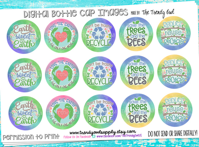 "Love The Earth" Recycle/Save The Bees - 1" Bottle Cap Images - INSTANT DOWNLOAD