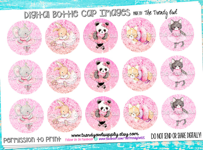 Watercolor Pink Ballet Animals - 1" Bottle Cap Images - INSTANT DOWNLOAD