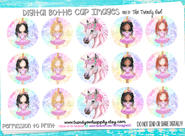 Watercolor Unicorn Girls - 1" Bottle Cap Images - INSTANT DOWNLOAD