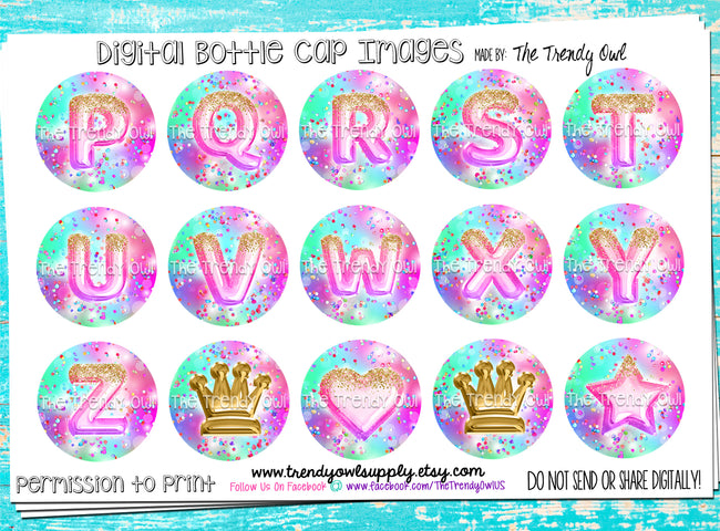 Girly Gold Glittered Alpha Sheet PART 2 - 1" Bottle Cap Images - INSTANT DOWNLOAD