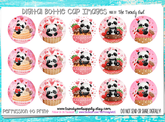 Sweet Valentine Panda Cupcakes! - 1" Bottle Cap Images - INSTANT DOWNLOAD