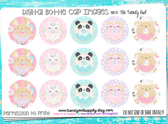 Cute Animal Donuts - 1" Bottle Cap Images - INSTANT DOWNLOAD