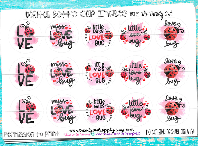 Little Miss Love Bug - Valentine's Day (vday) Sayings - 1" Bottle Cap Images - INSTANT DOWNLOAD