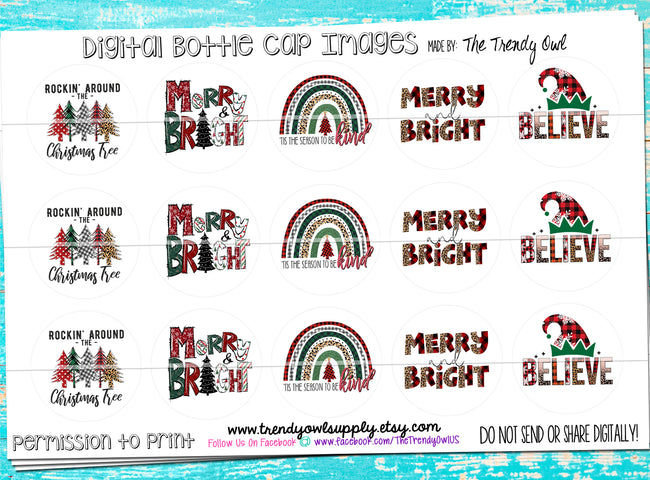 Merry and Bright - Christmas Sayings - 1" Bottle Cap Images - INSTANT DOWNLOAD