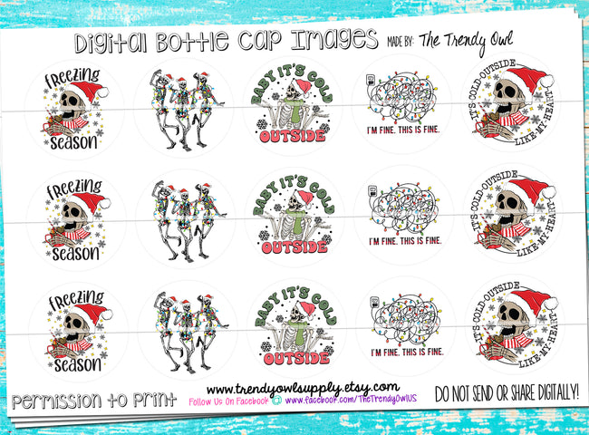 Cold Outside Skeletons - Christmas Sayings - 1" Bottle Cap Images - INSTANT DOWNLOAD