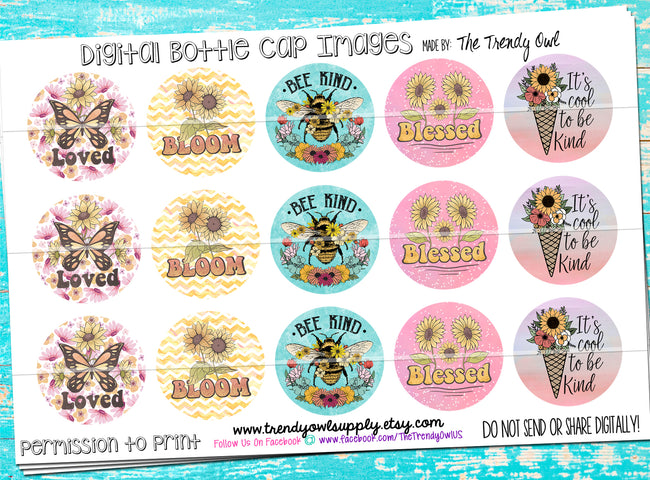 Bee Kind Sunflower Quotes - 1" Bottle Cap Images - INSTANT DOWNLOAD