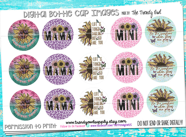 Mama Mini Sunflower Quotes - 1" Bottle Cap Images - INSTANT DOWNLOAD