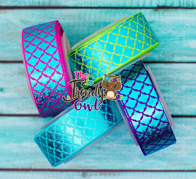 3/8", 7/8", 1.5" & 3" - Turquoise Laser Foil Mermaid Scales - 5yd Roll