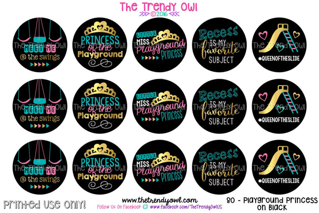 Back To School - Playground Princess on black - 1" Bottle Cap Images - INSTANT DOWNLOAD