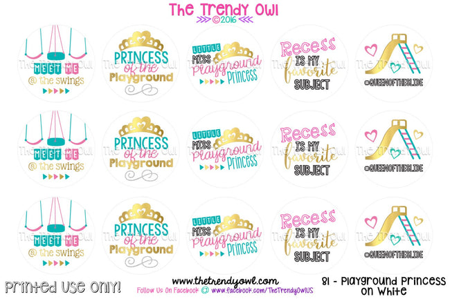 Back To School - Playground Princess on white - 1" Bottle Cap Images - INSTANT DOWNLOAD