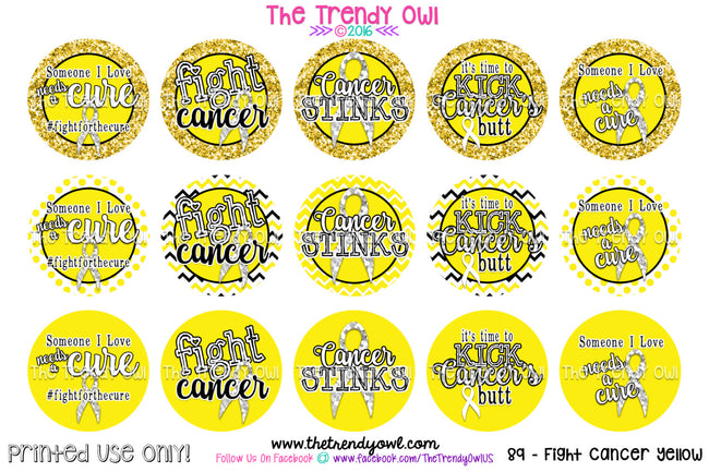 Fight Cancer! Yellow Awareness - 1" Bottle Cap Images - INSTANT DOWNLOAD