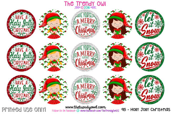 Holly Jolly  Christmas (Glittered) - 1" BOTTLE CAP IMAGES - INSTANT DOWNLOAD