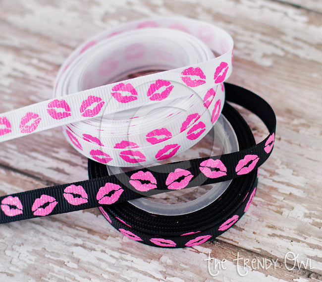 3/8" Glittered Kisses - Hot Pink Lips Print - 5yd Roll