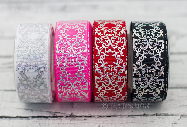 7/8" Silver Laser Foil Damask Print - 5yd Roll