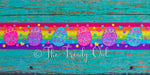 3/8" & 7/8" Glittered Easter Eggs and Doodle Swirls on Bright Rainbow Stripes - 5yd Roll
