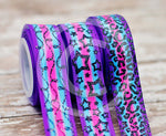 7/8" Black Glittered Prints on Purple/Blue/Pink Stripes - 5yd Roll