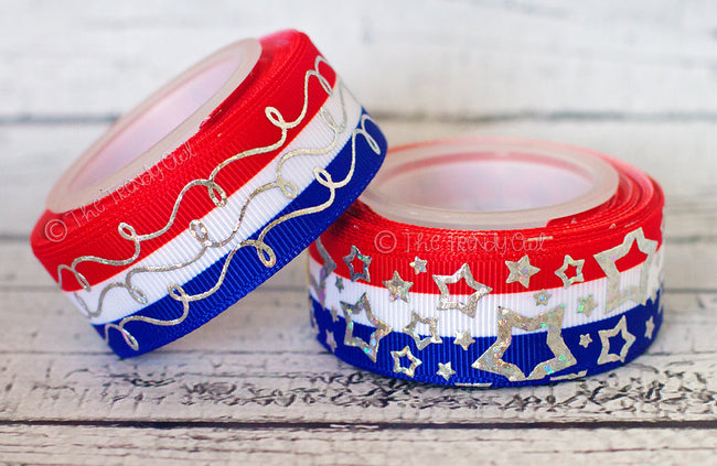 7/8" Silver Laser Foil Doodles & Stars on Stripes! - 4th of July - 5yd Roll