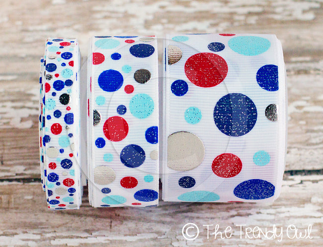 3/8", 7/8" & 1.5" Patriotic Dots! Red/Silver/Blue - 4th of July - 5yd Roll