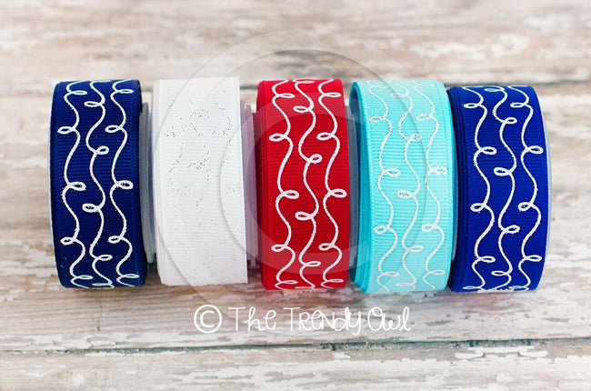 7/8" White Glitter Doodle Swirls - 4th of July - 5yd Roll