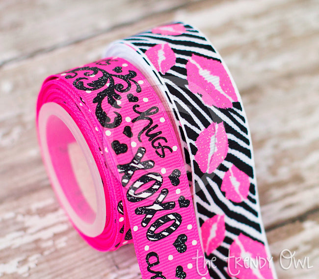 7/8" Hugs & Kisses XOXO Zebra Print Lips PINK - 5yd Roll