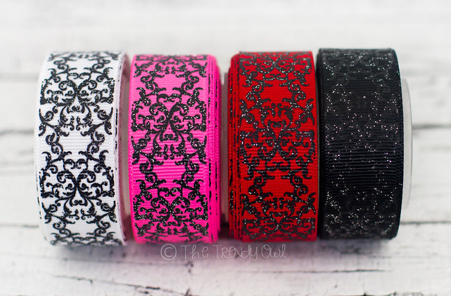 7/8" Black Glitter Damask Print - 5yd Roll