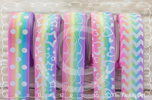 7/8" White Glitter Prints on Pastel Rainbow Stripes - 5yd Roll
