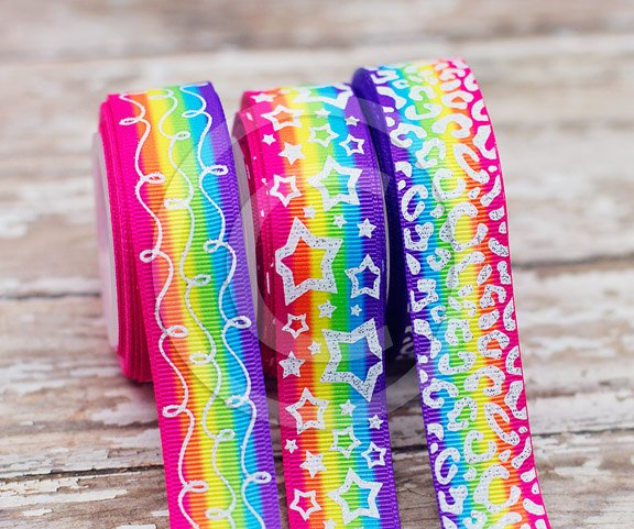 7/8" White Glittered Prints on Bright Rainbow Stripes - 5yd Roll