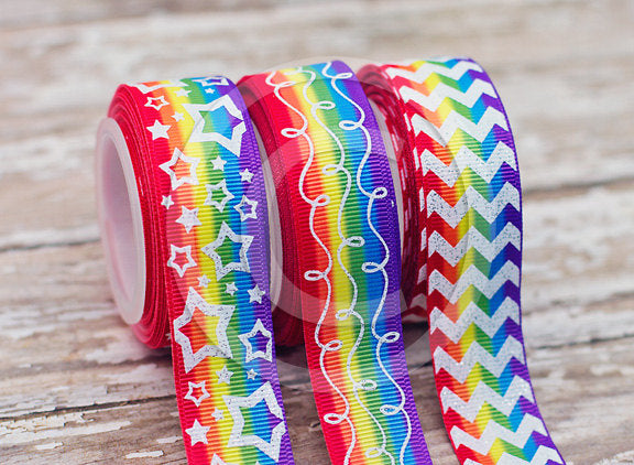 7/8" White Glittered Prints on Traditional Rainbow Stripes - 5yd Roll