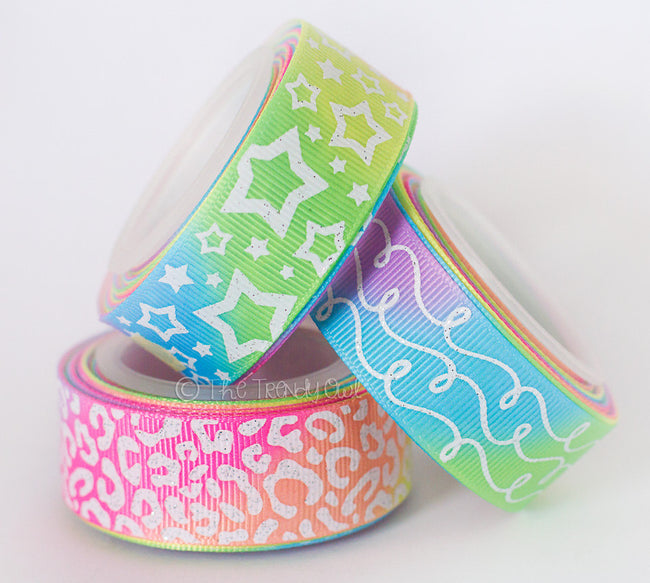 7/8" White Glitter Prints on Pastel Tie-Dye Heat Transfer -Stars, Doodles, Cheetah - 5yd Roll