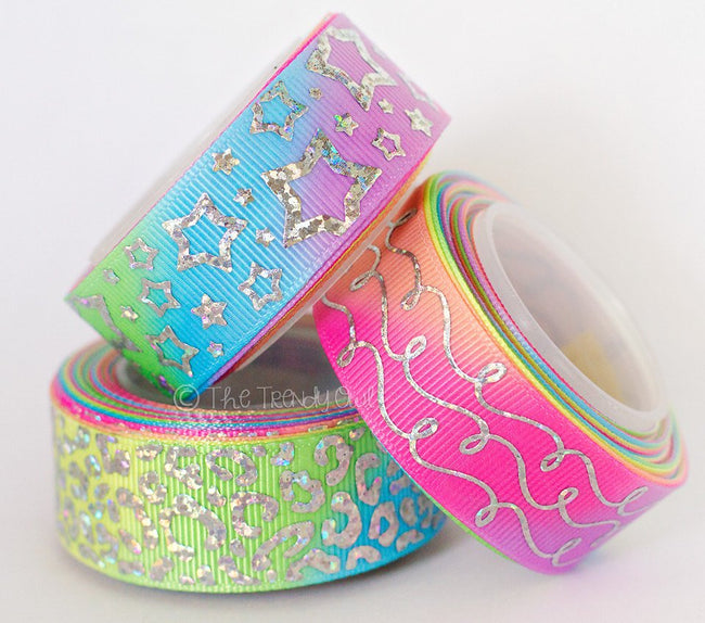 7/8" Silver Laser Foil Prints on Pastel Tie-Dye - Stars, Doodles, Cheetah - 5yd Roll
