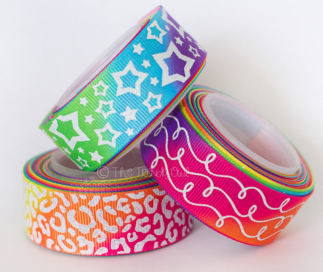 7/8" White Glitter Prints on Bright Tie-Dye - Stars, Doodles, Cheetah - 5yd Roll