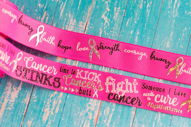 7/8" Fight Cancer! on Hot Pink - Breast Cancer Awareness - 5yd Roll