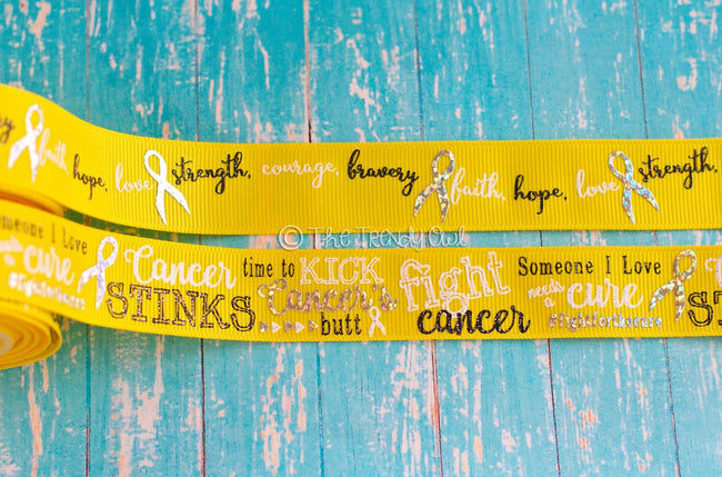 7/8" Fight Cancer! on Yellow - Childhood Cancer Awareness - 5yd Roll