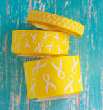 3/8", 7/8", 1.5" White Glitter Awareness Ribbons on Yellow - Childhood Cancer Awareness - 5yd Roll