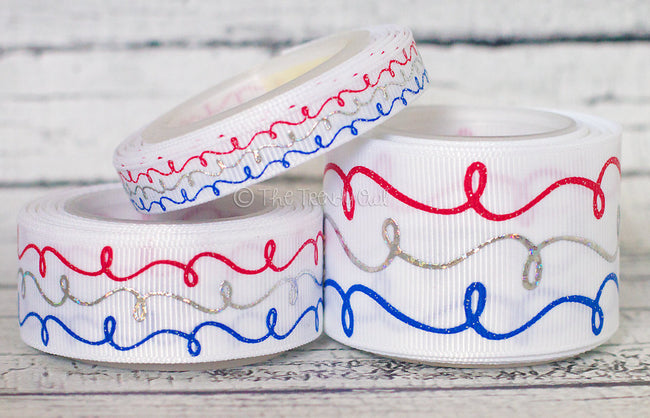 3/8", 7/8" & 1.5" Patriotic Doodle Swirls! Red/Silver/Blue - 4th of July - 5yd Roll