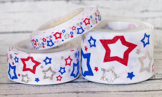 3/8", 7/8" & 1.5" Patriotic Stars! Red/White/Silver/Blue - 4th of July - 5yd Roll