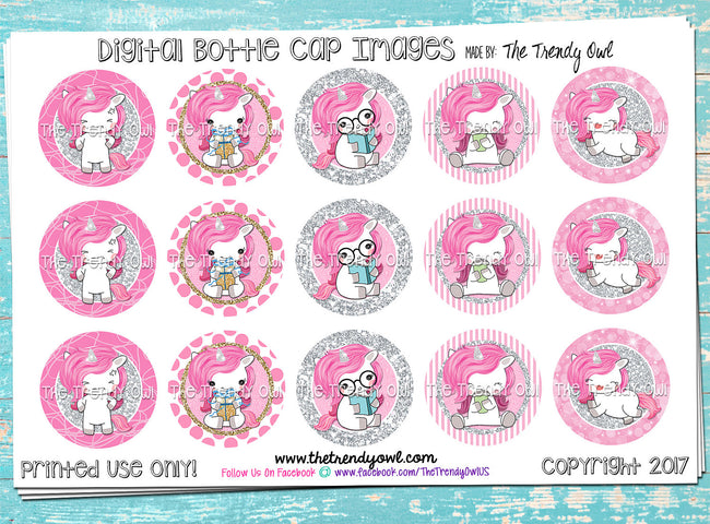 Pink/White Unicorn pg 1 - 1" BOTTLE CAP IMAGES - INSTANT DOWNLOAD