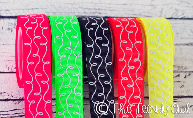 7/8" White Glittered Doodle Swirls - 80's Dance Party Inspired - 5yd Roll