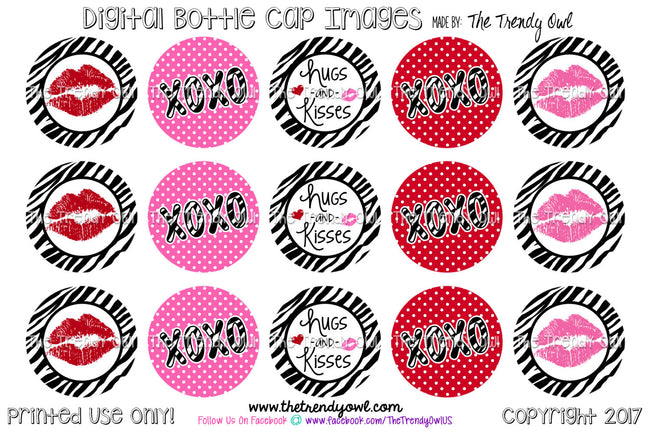 Hugs & Kisses - Valentine's Day Themed - 1" BOTTLE CAP IMAGES - INSTANT DOWNLOAD