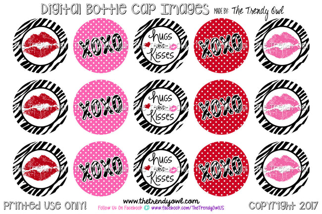 Hugs & Kisses - Valentine's Day Themed - 1" BOTTLE CAP IMAGES - INSTANT DOWNLOAD