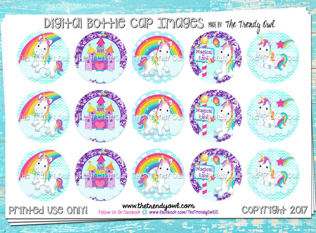 Rainbow Unicorn - 1" BOTTLE CAP IMAGES - INSTANT DOWNLOAD