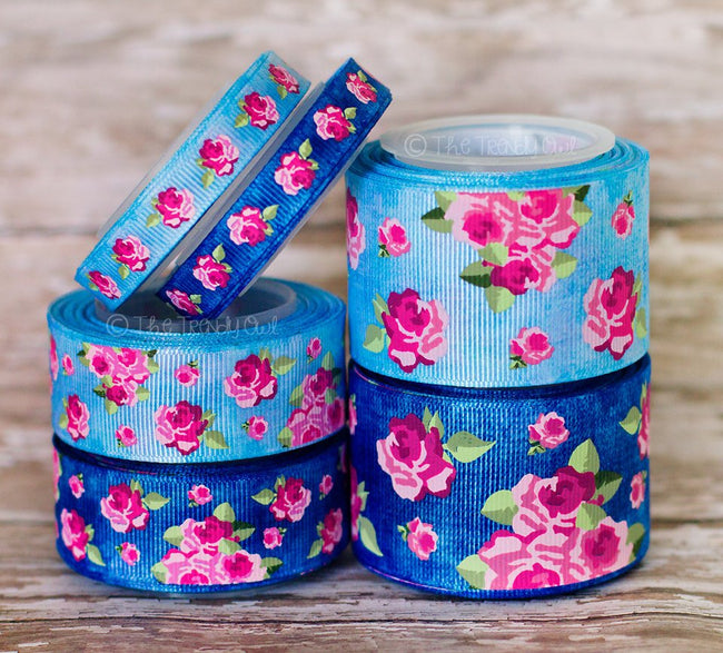 3/8", 7/8", 1.5" Vintage Floral on Denim - 5yd Roll